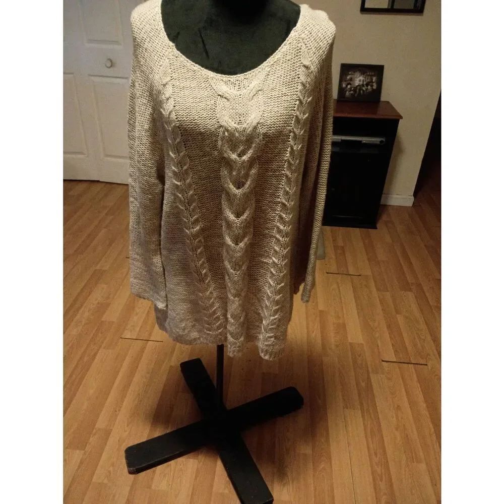 XL New Directions Tan Loose Knit Fit Wide Sleeve Round Neck Pullover Sweater